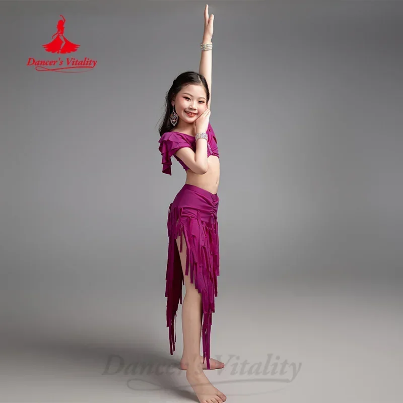 Tenue de danse du ventre pour filles, costume d'entraînement élégant avec pompon, vêtements d'entraînement professionnel de danse orientale pour enfants
