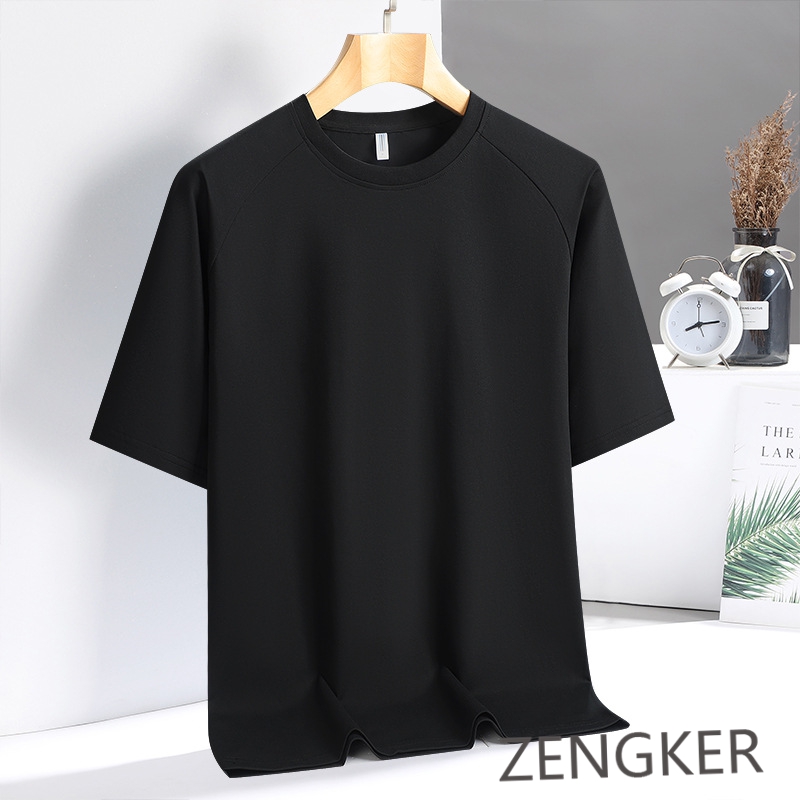 Été grande taille hommes couleur unie gros gars glace soie col rond élastique à manches courtes T-shirt décontracté ample séchage rapide 9xl140kg