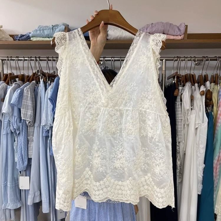 Nouveau débardeur féminin sexy en dentelle jacquard brodée, élégant et délicat, à volants, coupe ajustée, style français, décontracté et féerique