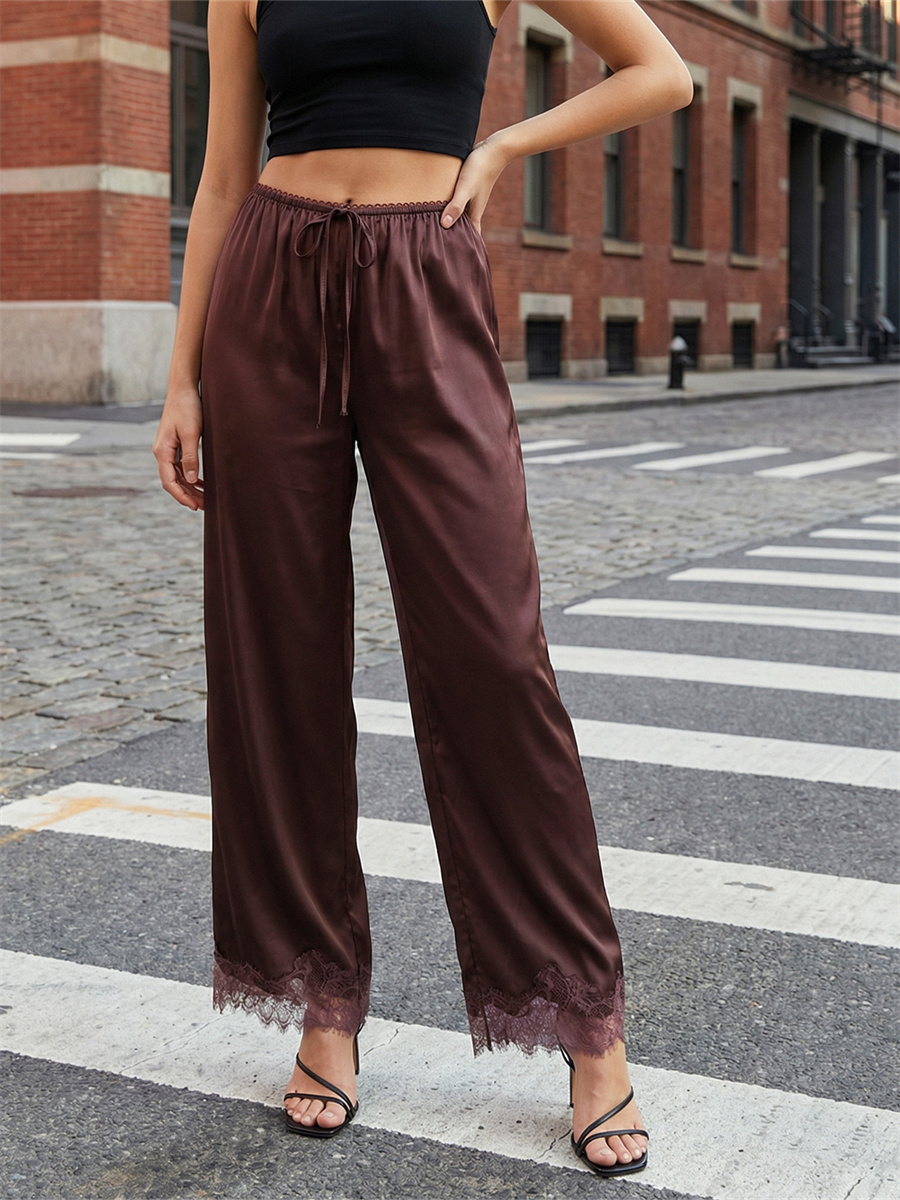 Pantalon ample pour femmes, couleur unie, taille élastique, dentelle, Patchwork, jambes larges, pantalon de salon décontracté, nouveau