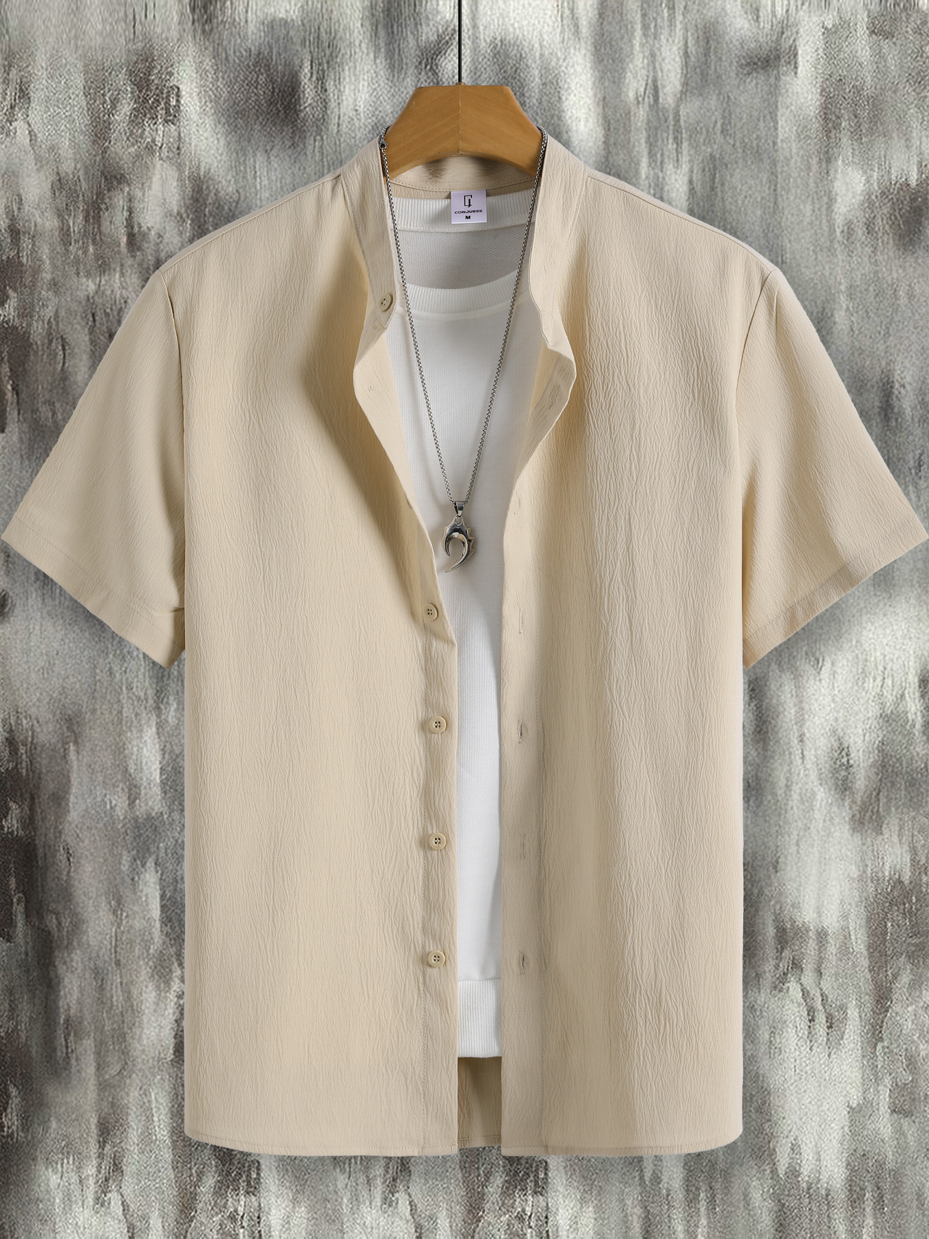 Chemise d'été décontractée et élégante pour homme, kaki texturée, à col montant et manches courtes, coupe ample