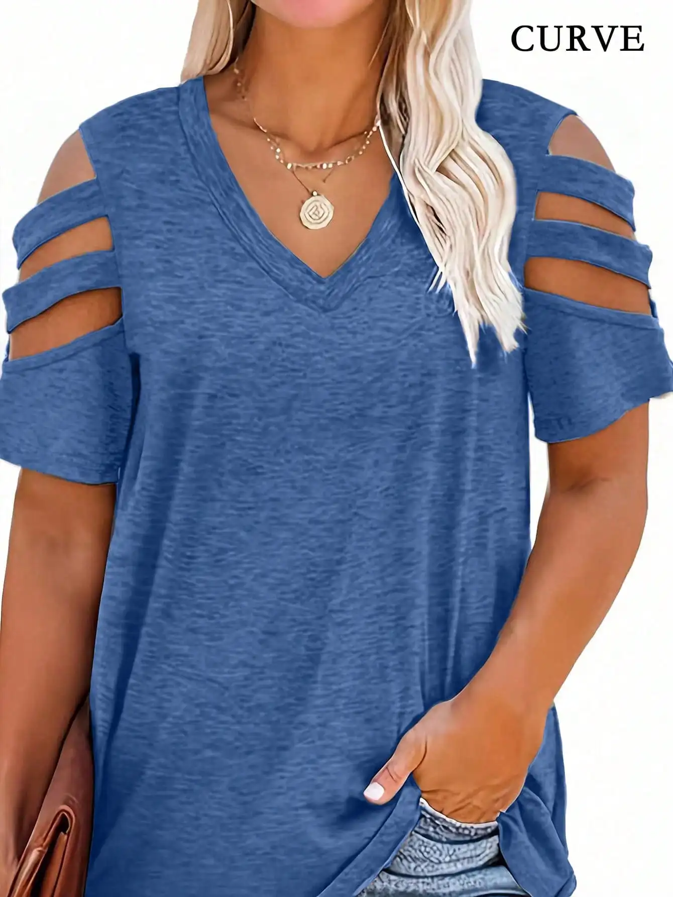 Femmes mode grande taille 1XL-5XL col en v été épaule creuse exposée T-shirt été haut ample à manches courtes T-shirt style décontracté