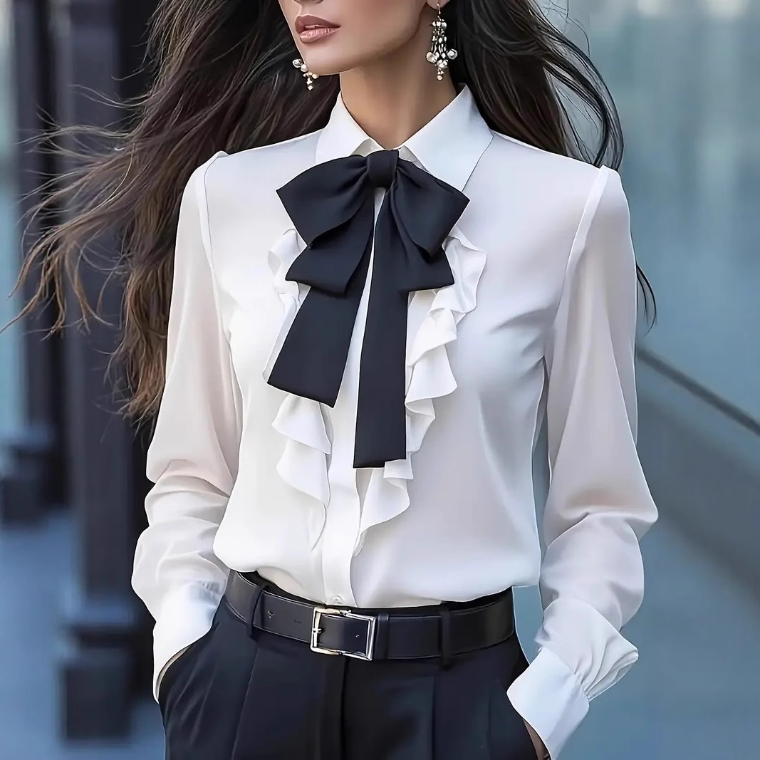 Nouveau automne couleur unie à lacets nœud à volants conception chemise pour femmes Vintage à manches longues Blouse chemise blanche automne femme vêtements