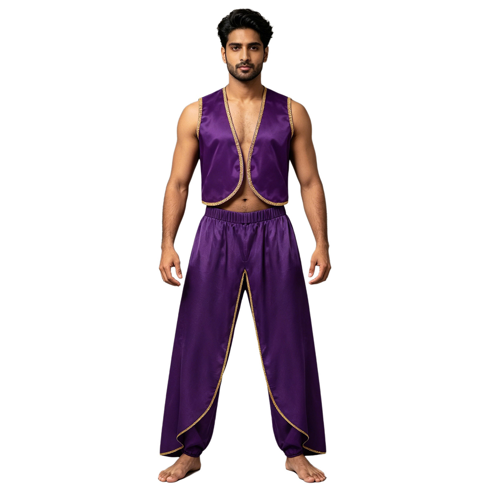 Costume de Prince arabe satiné pour hommes, garniture dorée, gilet ouvert sur le devant, hauts et pantalons de Cosplay Baggy, pantalon Palazzo indien Dhoti