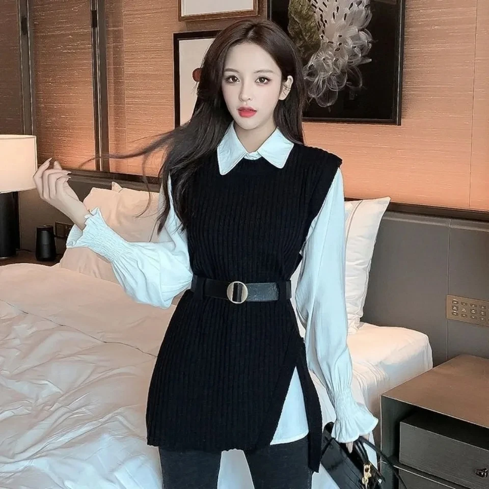 Femmes tricoté gilet 2 deux pièces ensemble chemise à manches longues lanterne 2025 printemps automne femmes chemises ensembles sans manches pull hauts
