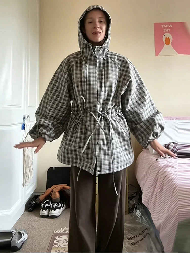 Manteau décontracté à capuche en dentelle à carreaux pour femme, simple boutonnage, manches longues, fermetures éclair, coupe ample, mode printemps automne 2026