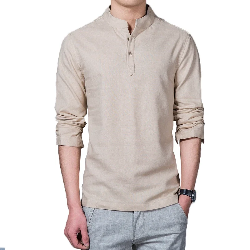 T-shirt en lin à manches longues pour hommes, col montant, chemise de base mince, t-shirts Y et t-shirts, mode masculine, vêtements de printemps