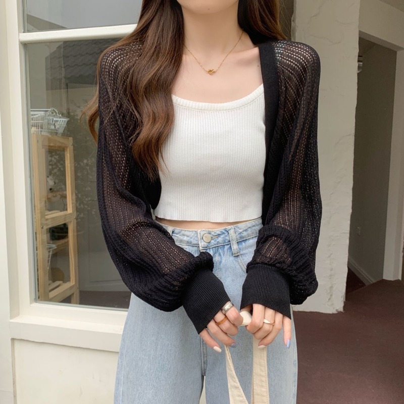 Cardigan style français en soie glacée anti-UV, boléro court en maille transparente à manches bouffantes, châle léger d'été