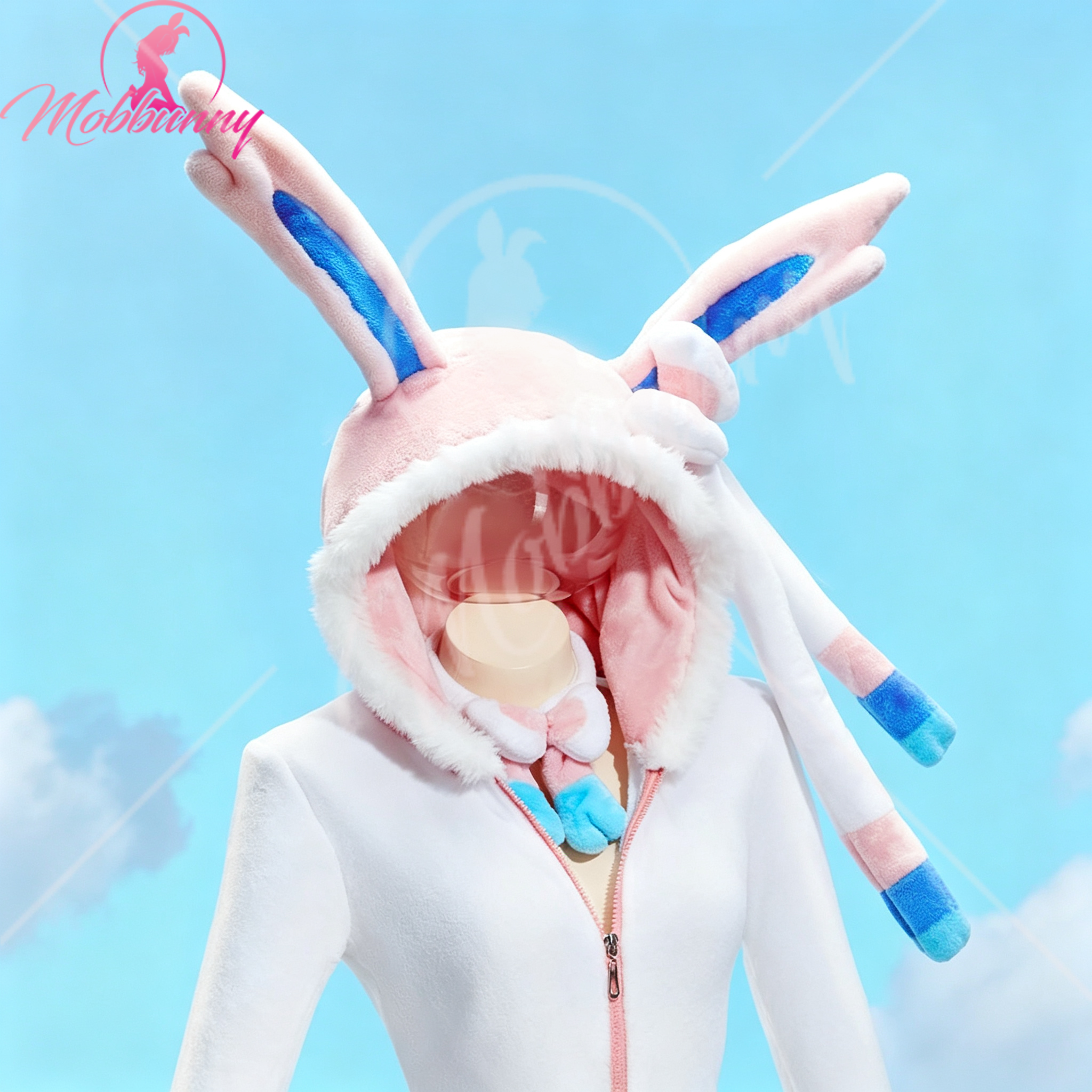 Mobbunny PM dérivé Sexy moelleux à capuche body profond V Kawaii une pièce barboteuse avec tour de cou et chaussettes Costume de Cosplay