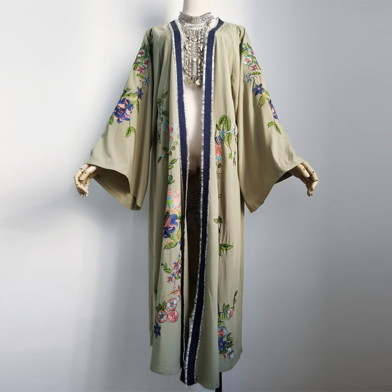 TEELYNN Cardigan long en coton et rayonne brodé de fleurs pour femme, robe kaftan d'été, chemisier de plage, blouse ample à manches longues, style bohème, Vestidos
