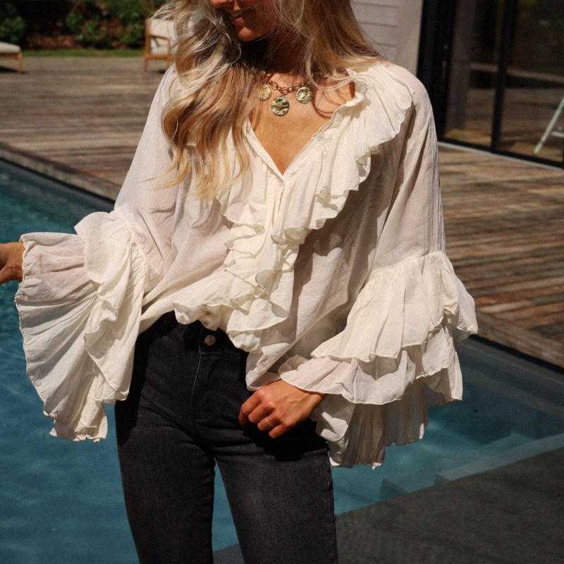 Femmes élégantes couches à volants garniture pure Blouses décontracté coupe ample solide boutonné col en V à manches longues petit haut Streetwear