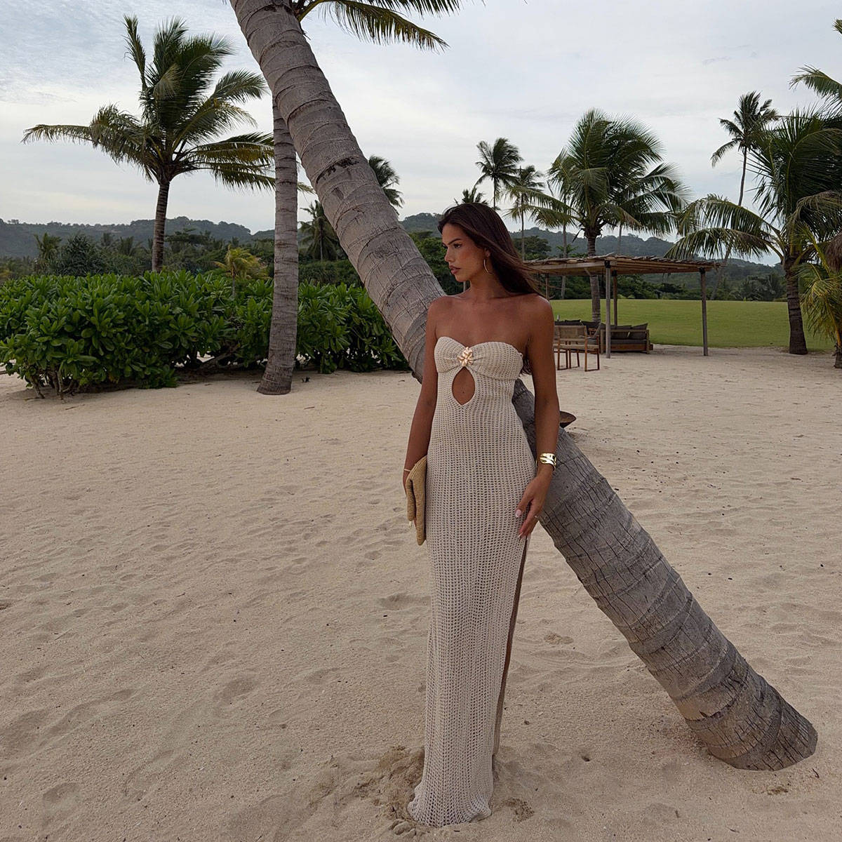 Robe de plage bandeau pour femme, maxi-robe découpée, tenue de villégiature, robe cache-maillot sans manches en tricot, robe de soirée d'été