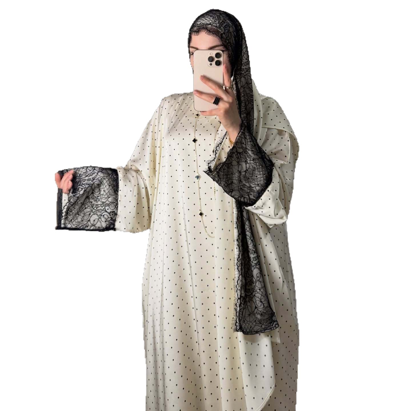 Robe Hijab pour femmes, ensemble de 2 pièces, dentelle, imprimé à pois, robe de fête musulmane, Khimar, Ramadan, Maroc, Kaftan, Vestidos, Jalabiya