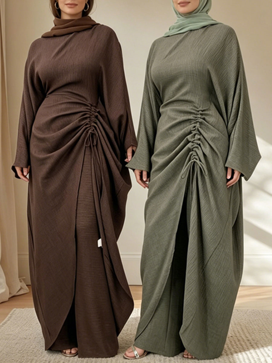 Ensemble Abaya Modeste 2 Pièces, Robe Kaftan Longue Fendue à Volants et Pantalon à Jambes Larges, Tissu Plissé, Tenue pour Femmes Musulmanes