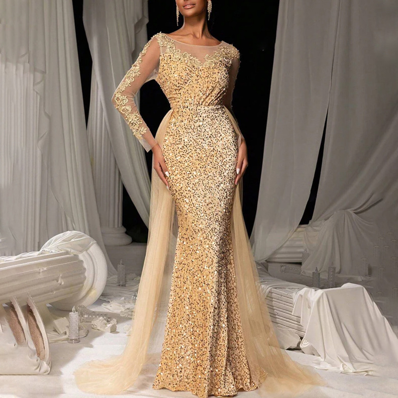 Robe de soirée de luxe à manches longues, Slim, élégante, col en v, dentelle, paillettes, maille épissée, mode, couleur unie, taille haute, paillettes