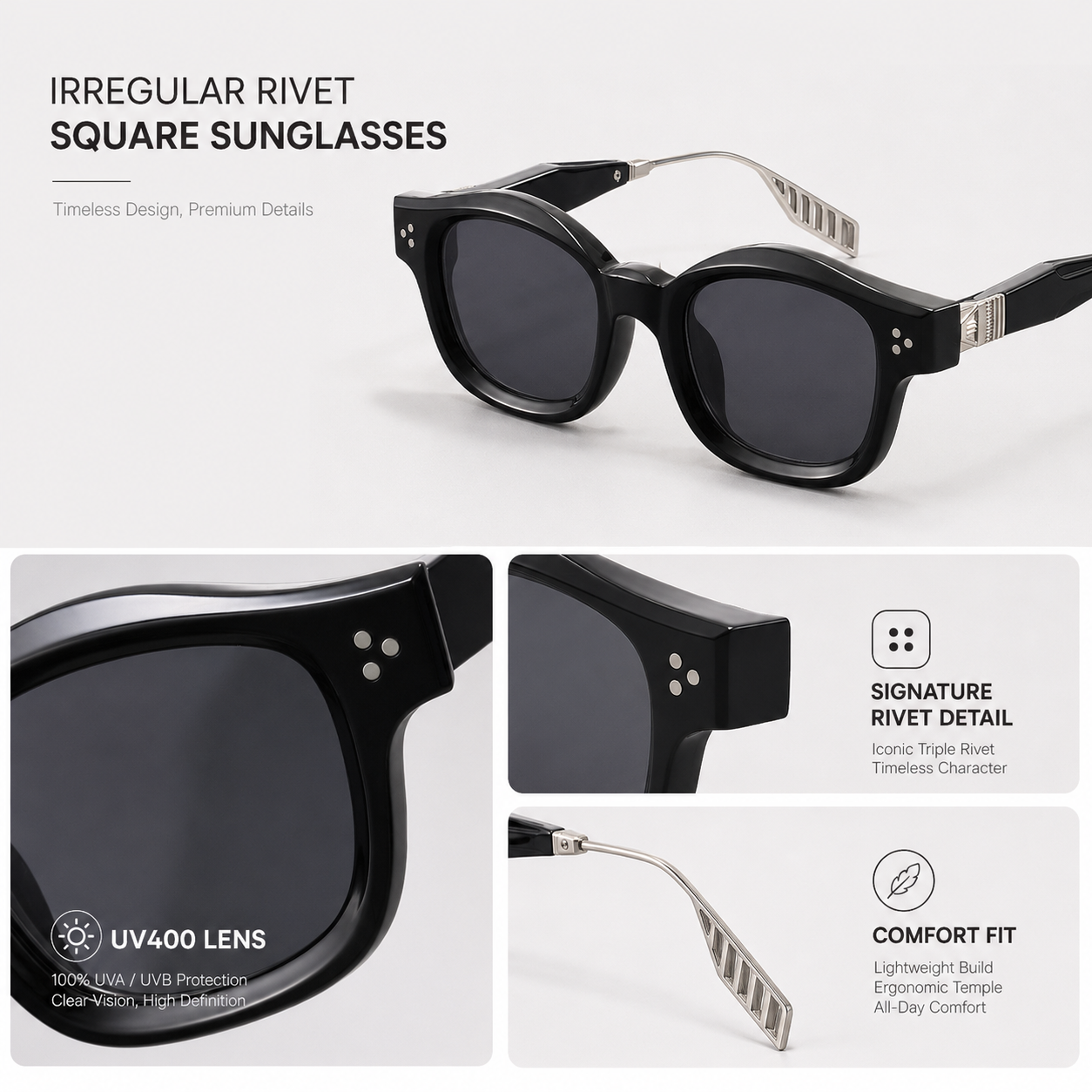 Nouvelles lunettes de soleil de marque pour hommes, monture avancée, verres carrés tendance, rivets, lunettes de soleil pour femmes, lunettes de conduite, protection UV400