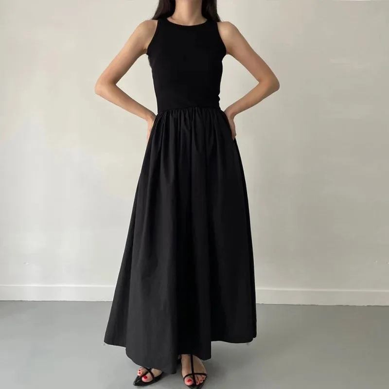 Robe Longue Noire Élégante et Simple pour Femme, Tenue à Col Rond, Taille Haute, Nouvelle Collection Été
