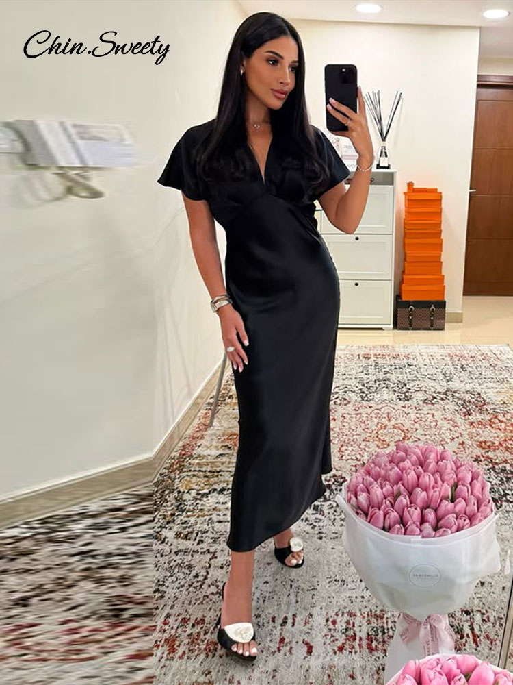 Robe longue en Satin élégante pour femmes, col en v, manches courtes, taille haute, Robes de soirée, mode d'été 2021, ligne a bleue