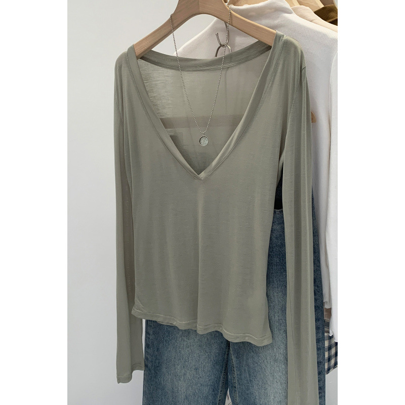 Nouveau T-shirt léger d'été pour femme à col en V et manches longues en fibre de Lyocell, chemise de base, protection solaire, coupe ajustée, polyvalent