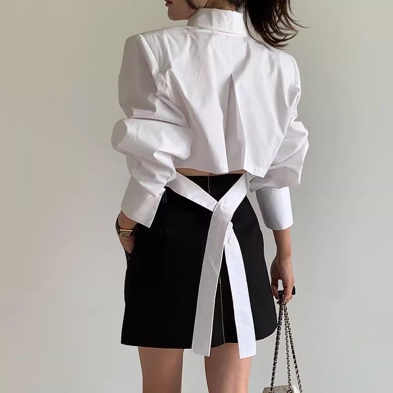 Chemisier décontracté printemps-été pour femme, chemise à manches longues unie avec lacets, haut court élégant pour le bureau, chemisier blanc