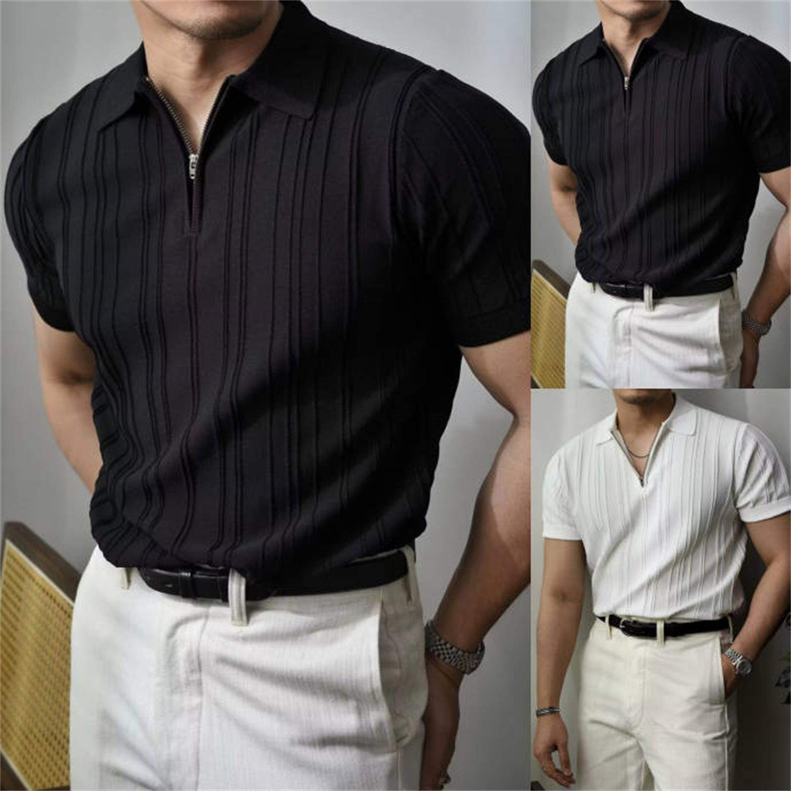 Coréen luxe mince solide rétro hauts t-shirts vêtements tricot chemises à manches courtes quart Zip décontracté t-shirts rétro Camisas De Hombre
