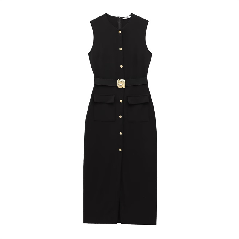 Robe femme noir robes longues printemps été 2025 boutonné sans manches robe d'été robes élégantes décontractées robes pour femmes