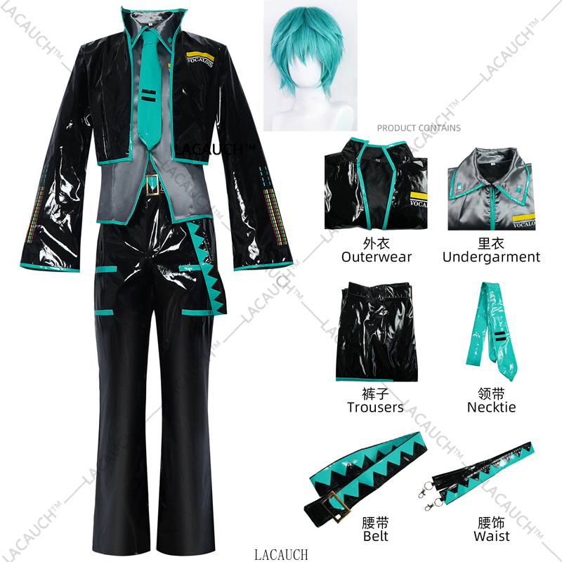 Mikuo – Costume de Cosplay Miku pour hommes, uniforme, perruques, vêtements Anime, veste en cuir PU noir, chemise fantaisie, tenue de fête d'halloween pour femmes et hommes