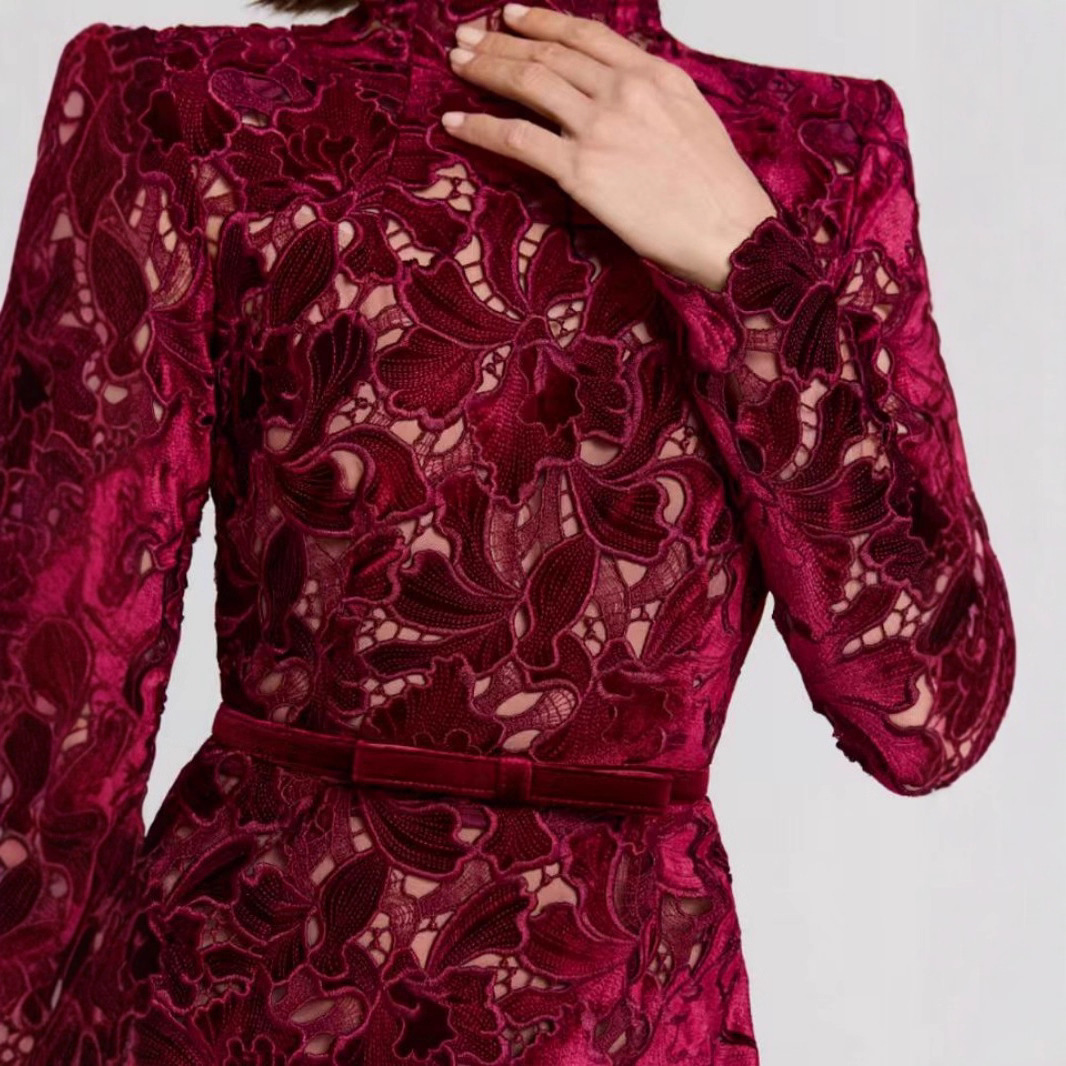 Robe élégante en jacquard pour femmes, manches longues, col haut, bordeaux, robe de soirée mi-longue, robe de cérémonie, robe de soirée pour mariage, qualité supérieure