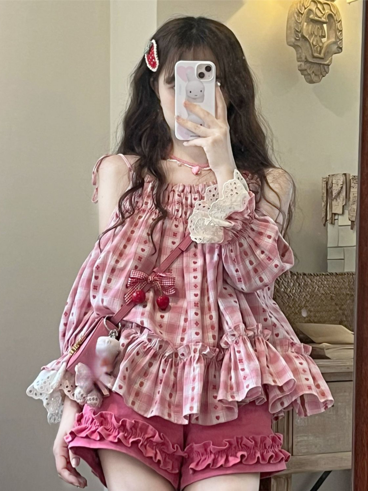 Ensemble deux pièces à carreaux Kawaii pour femmes, short décontracté en Y à volants, vêtements d'été doux, ensembles coréens Sutit, mode d'été Y2k
