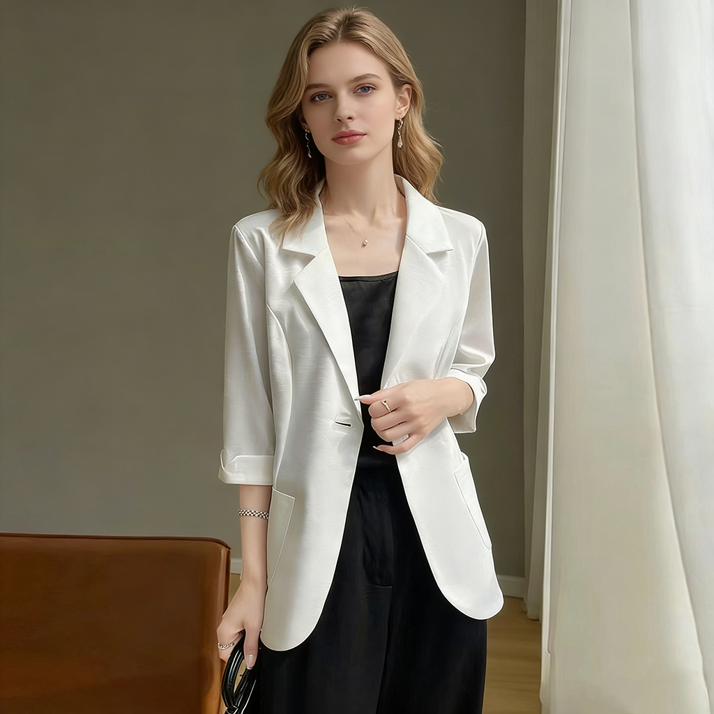Blazer blanc à manches 3/4 pour femmes, veste de costume de bureau élégante, poche ample, vêtements de travail formels, décontracté pour dames