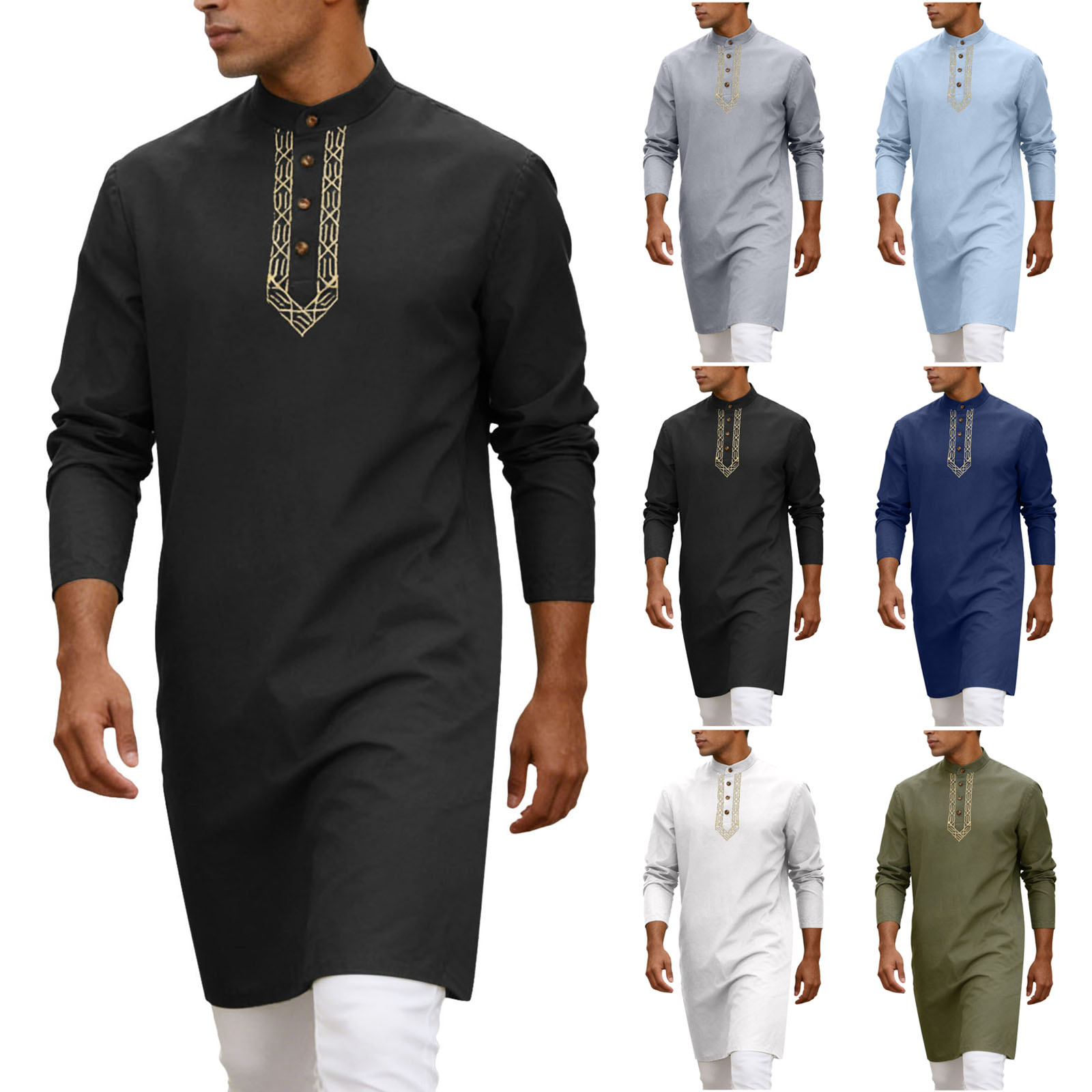 Chemise musulmane pour homme, style islamique arabe, col montant, manches longues, Blouse Jubba Thobe, Kaftan ethnique, Robe Abaya du Moyen-Orient