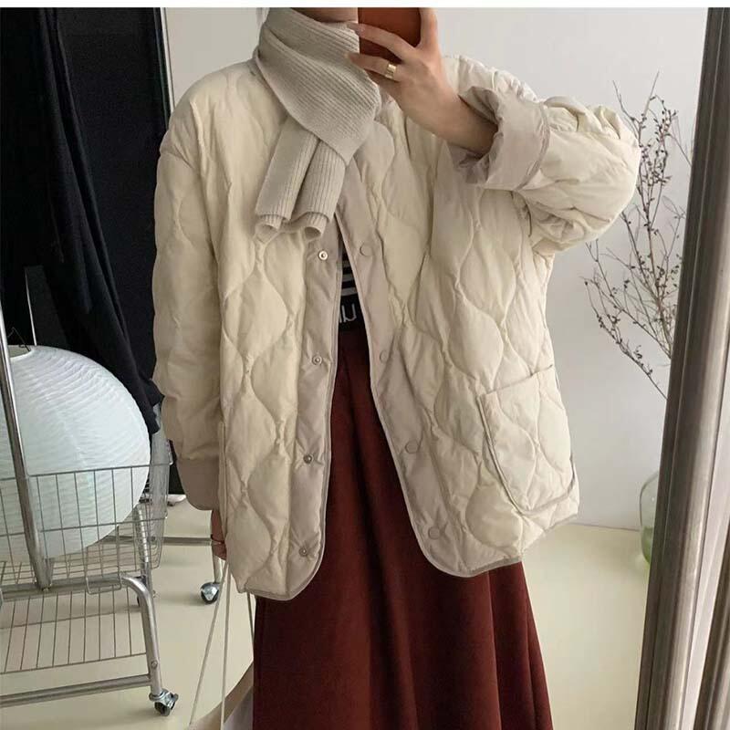Femmes coréennes Patchwork diamant coton veste automne hiver mode col rond matelassé veste léger confort vêtements de dessus pour femmes