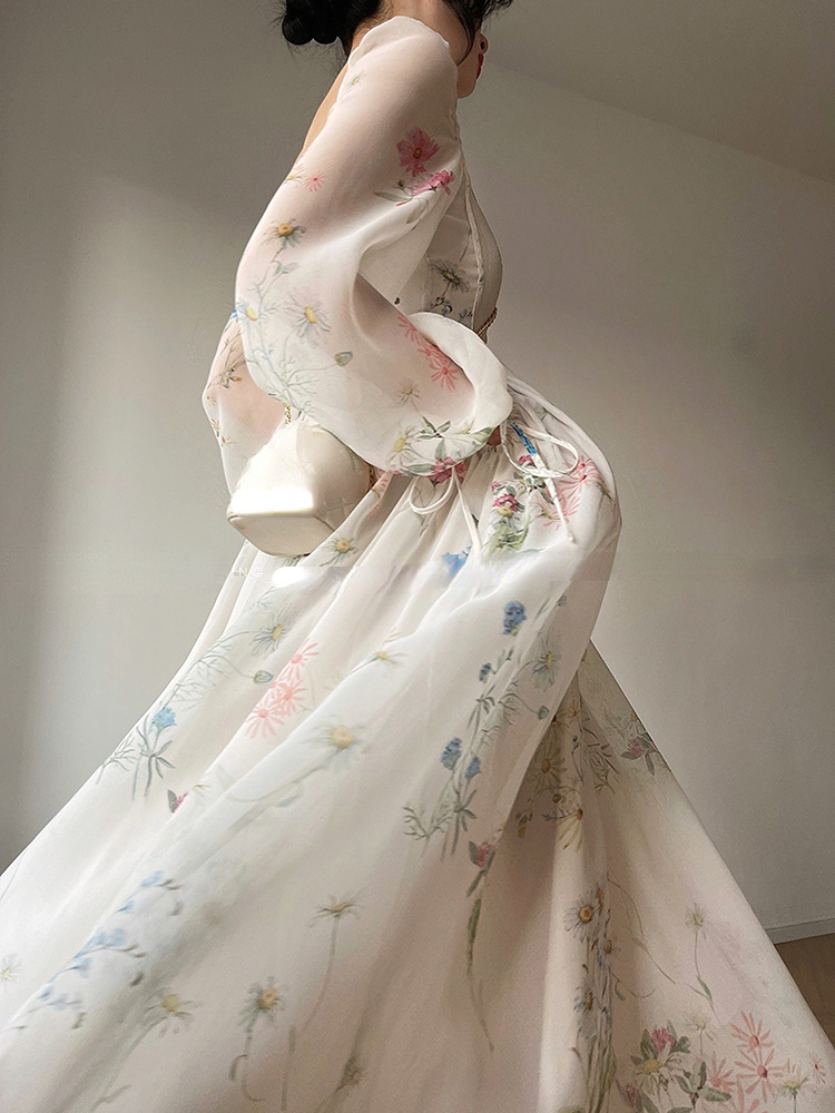 Robe Midi Florale Élégante Française en Mousseline à Manches Longues pour Soirée, Robe de Plage Féerique Une Pièce pour Femme, Style Coréen Été 2026