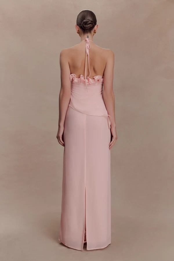 Robe longue florale élégante pour femme, robe maxi rose à volants et dos nu, robe de soirée, invitée de mariage, robe de bal 2026, robe de demoiselle d'honneur, nouvelle collection