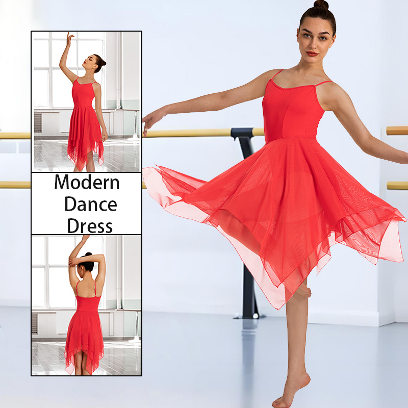 Robe de danse moderne lyrique à manches courtes pour femmes, avec jupe asymétrique en maille haute et basse et doublure douce, robe justaucorps Camisole