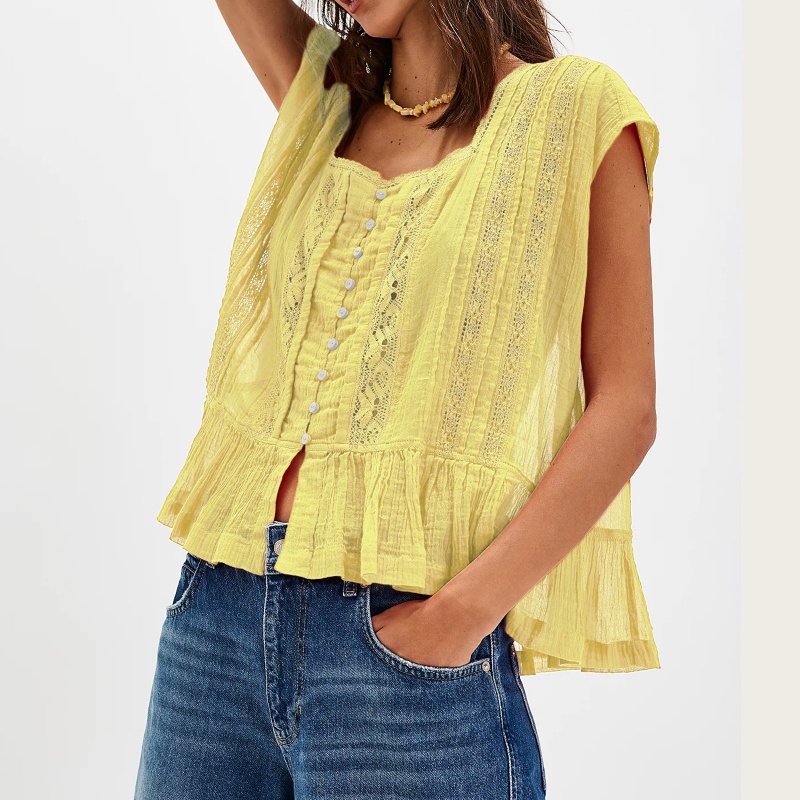 Débardeur Vintage en lin pour femmes, demi-boutons, sans manches, chemise à volants, nuisette Y2k, chemisier péplum, gilet, tunique