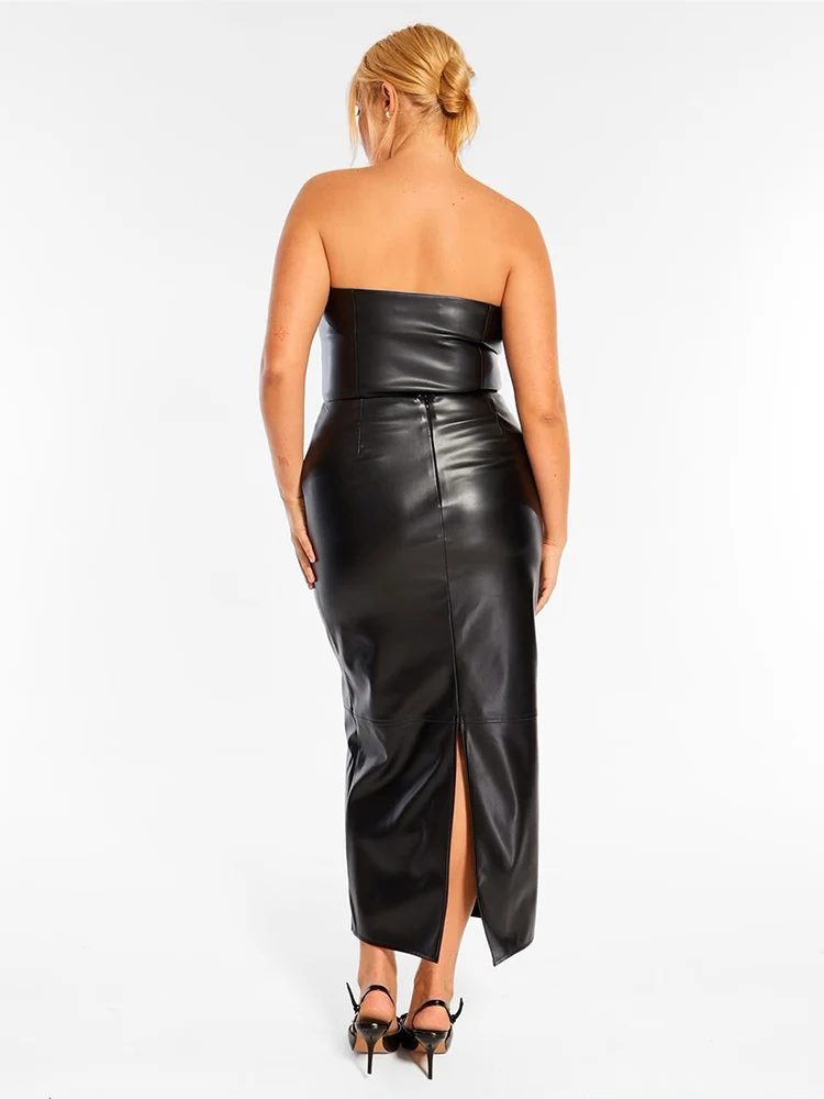 Jupe midi élégante pour femme grande taille en similicuir mat, taille haute, extensible, coupe droite, avec fente, personnalisable