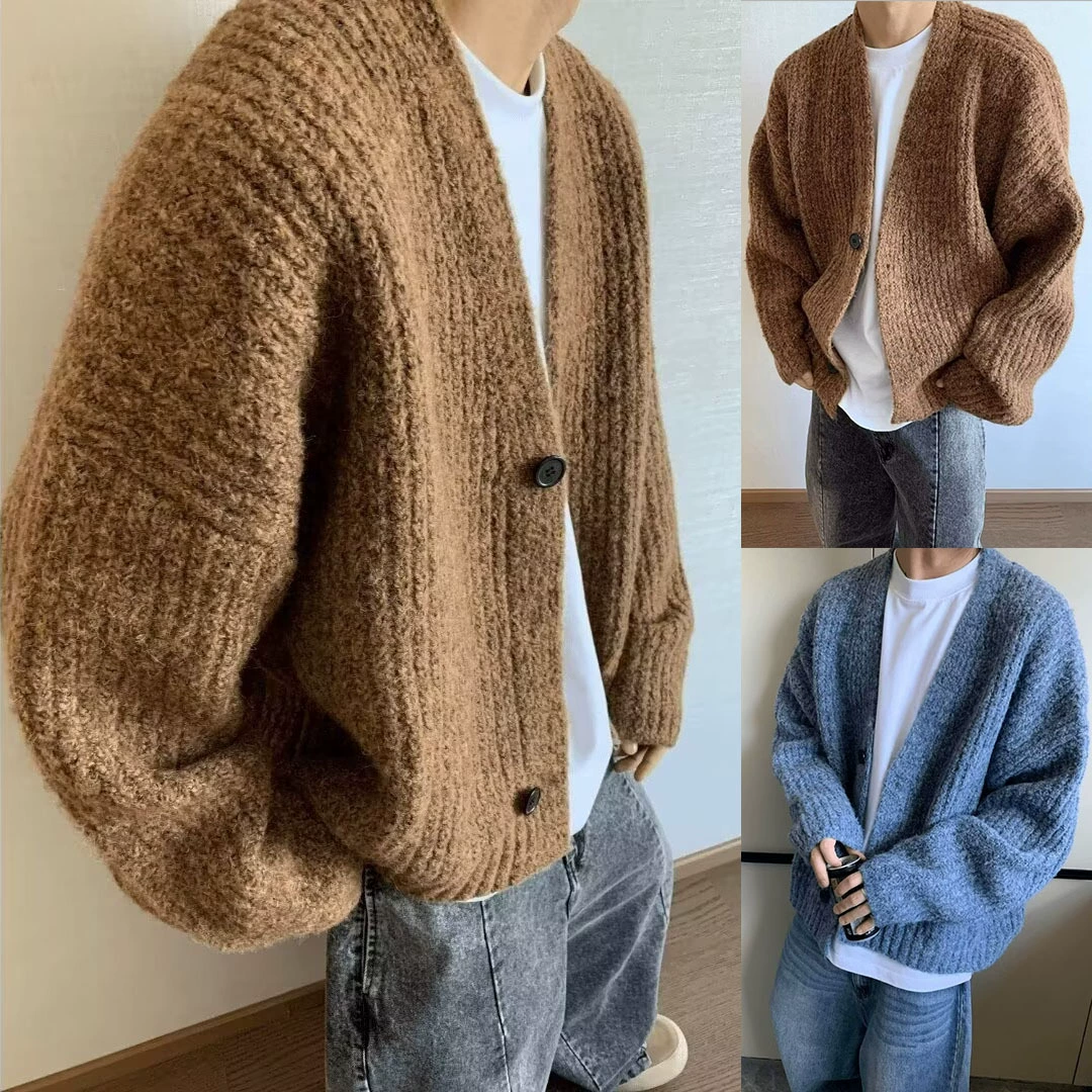 Mode automne hiver rétro ample poids lourd couleur mixte court large fil épais tricoté chandails Cardigans vestes chaudes hommes