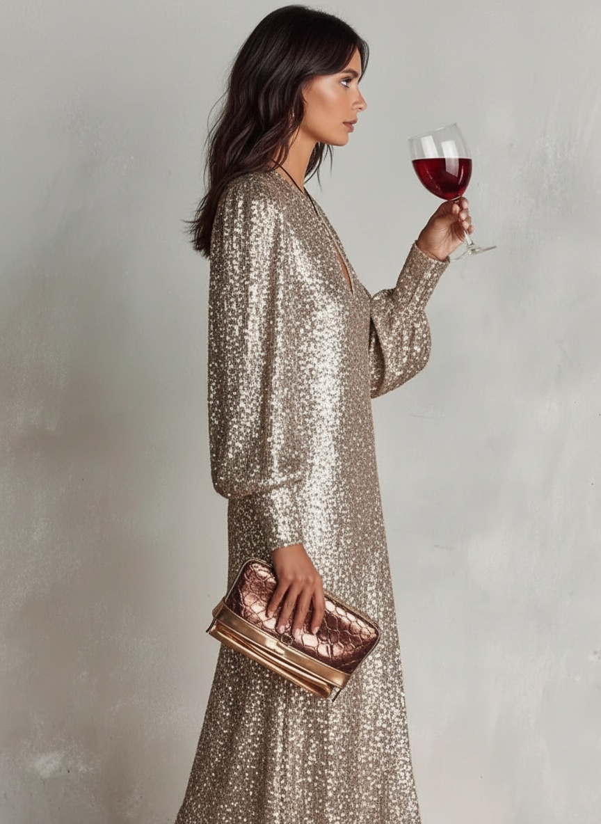Robe droite élégante à paillettes pour femmes, col en v, manches lanternes, ample, décontractée, soirée, boîte de nuit, robe longue pour invités de mariage