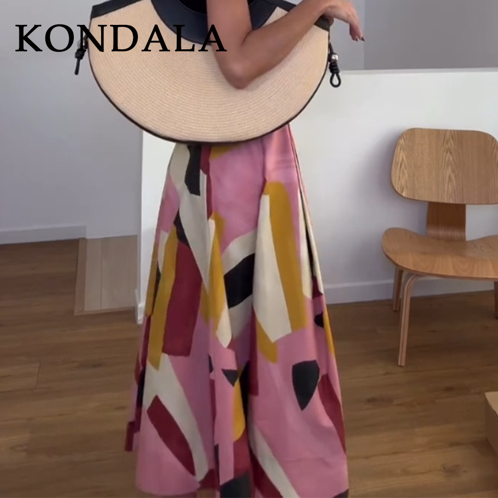 KONDALA 2026 Printemps-Été Jupes Décontractées Imprimées pour Femmes, Mode Élégante Ample avec Fermeture Éclair, Streetwear Chic, Jupes Longues pour Dames