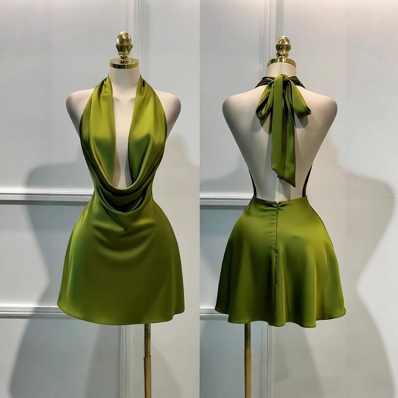 Robe en satin pour femme – Fermeture éclair au dos, dos ouvert, ajustée, pour les vacances, les soirées et les occasions spéciales