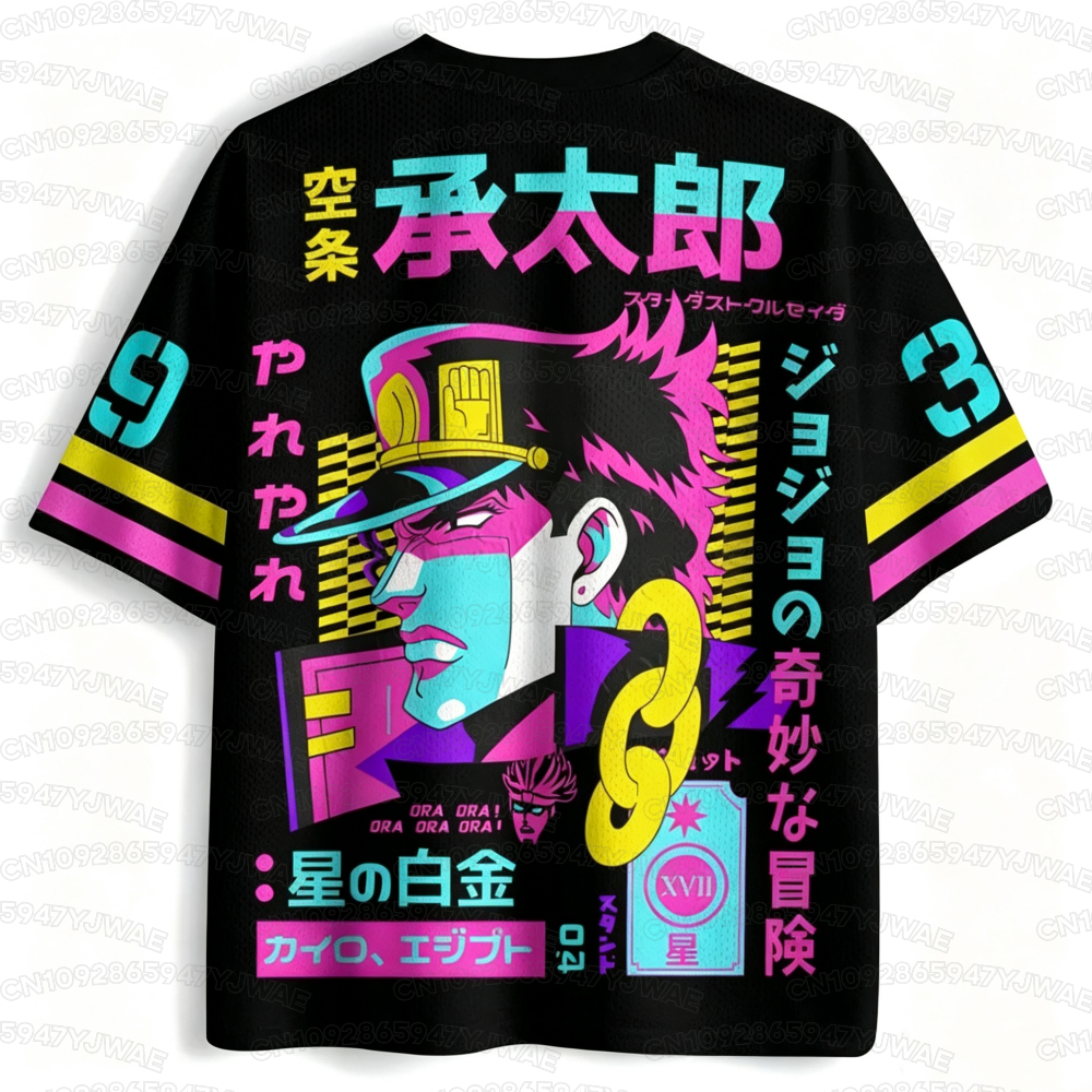T-shirt court de sport respirant imprimé Harajuku à col en V pour hommes et femmes, motif anime populaire JOJO Jotaro Kujo, collection 2026