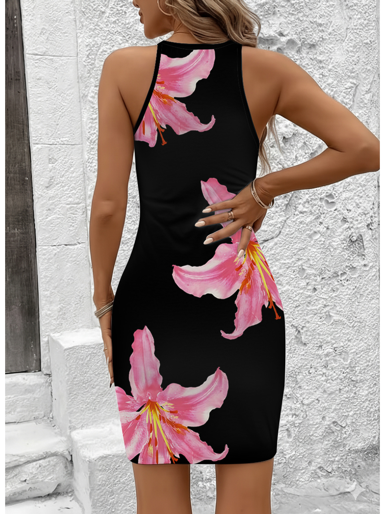 Robe d'été décontractée et élégante pour femmes, imprimé floral, col rond, sans manches, jupe mi-longue