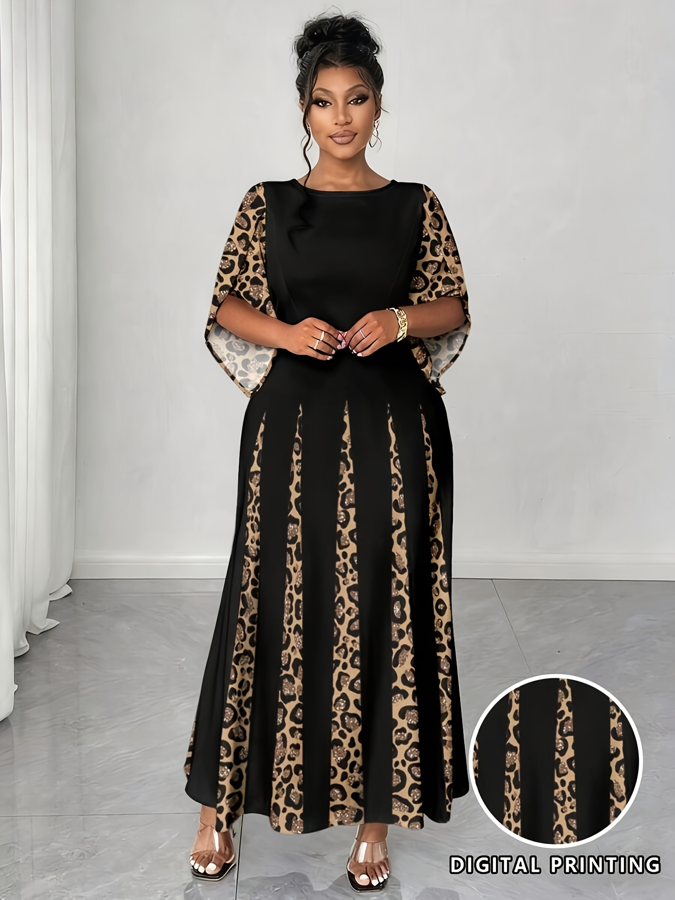 Robe maxi élégante à imprimé léopard, robe longue à manches longues tendance grande taille, vêtements pour femmes confortables et élégants