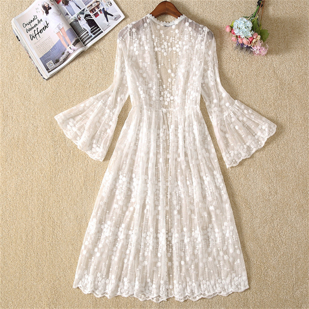 Cardigan Kimono Long en dentelle blanche pour femme, mode coréenne, Sexy, ajouré, plage, blanc, manches longues, manteau fin, veste d'été, 2026