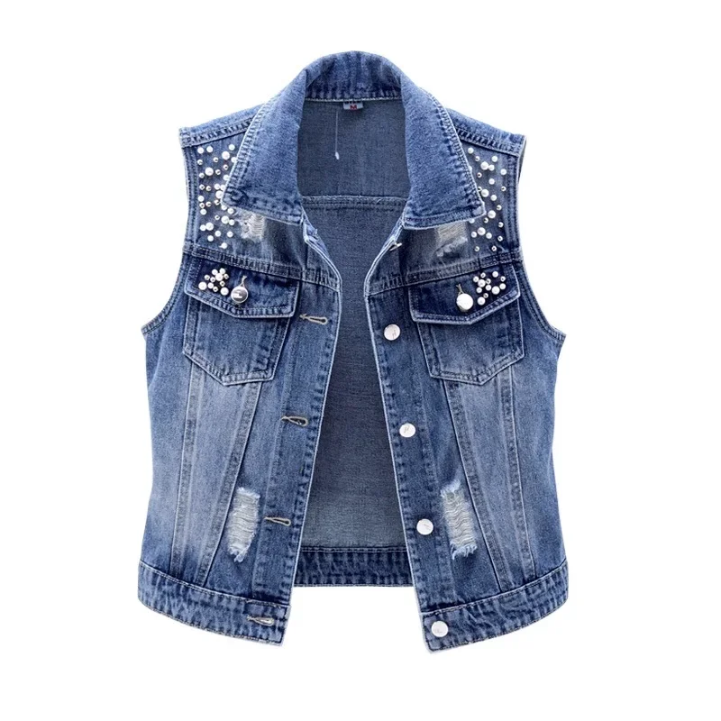 Gilet en jean pour femmes, nouveau Style de lavage, déchiré, broderie, veste sans manches, effet amincissant polyvalent, printemps été 2025
