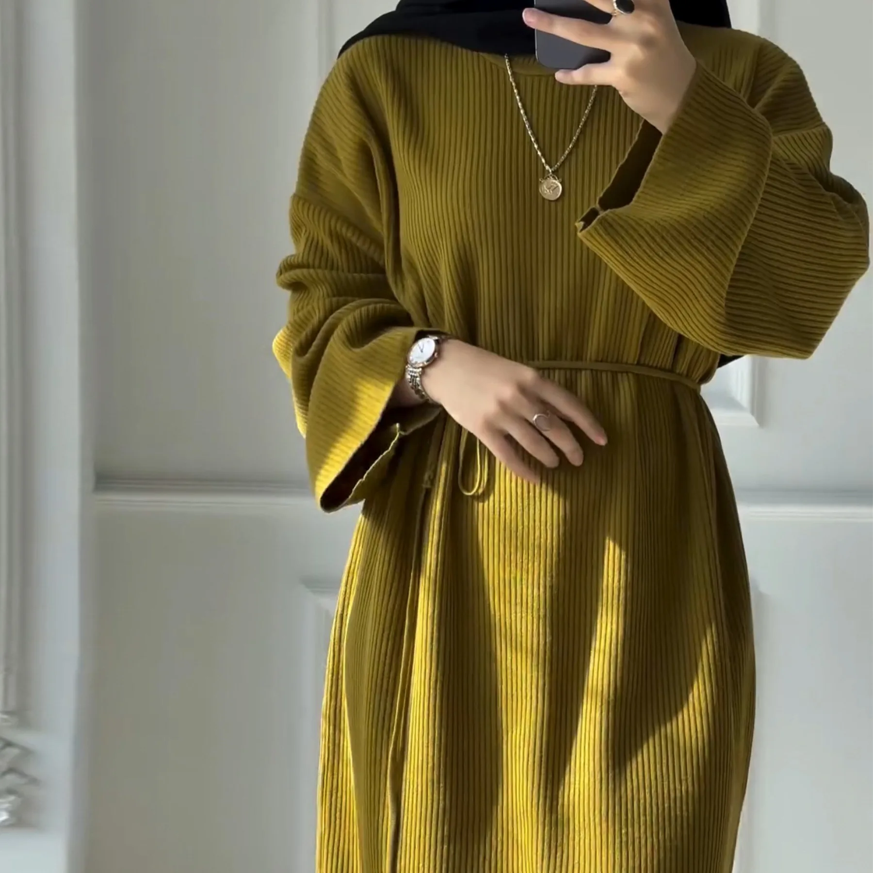 Eid femmes robes tricot ceintures Ramadan marocain automne hiver musulman Abayas caftan pull robes Jalabiya dubaï longue Robe
