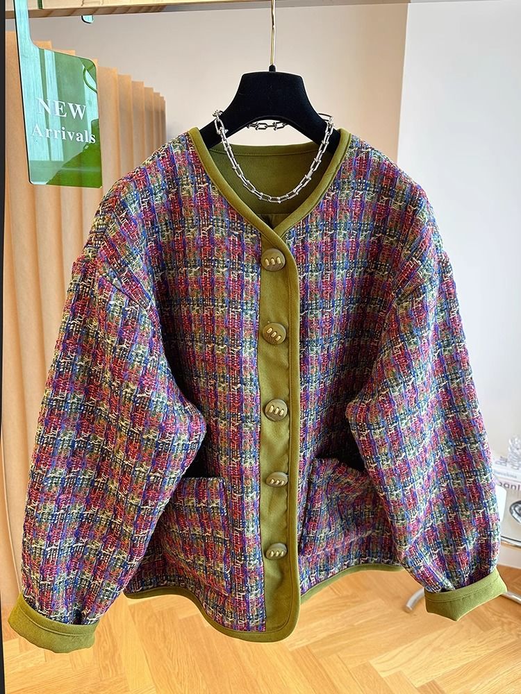 Veste en Tweed populaire coréenne élégante, ample, mode col rond, manteau en Tweed tissé pour hommes et femmes, tendance américaine d'automne, haut en daim esthétique
