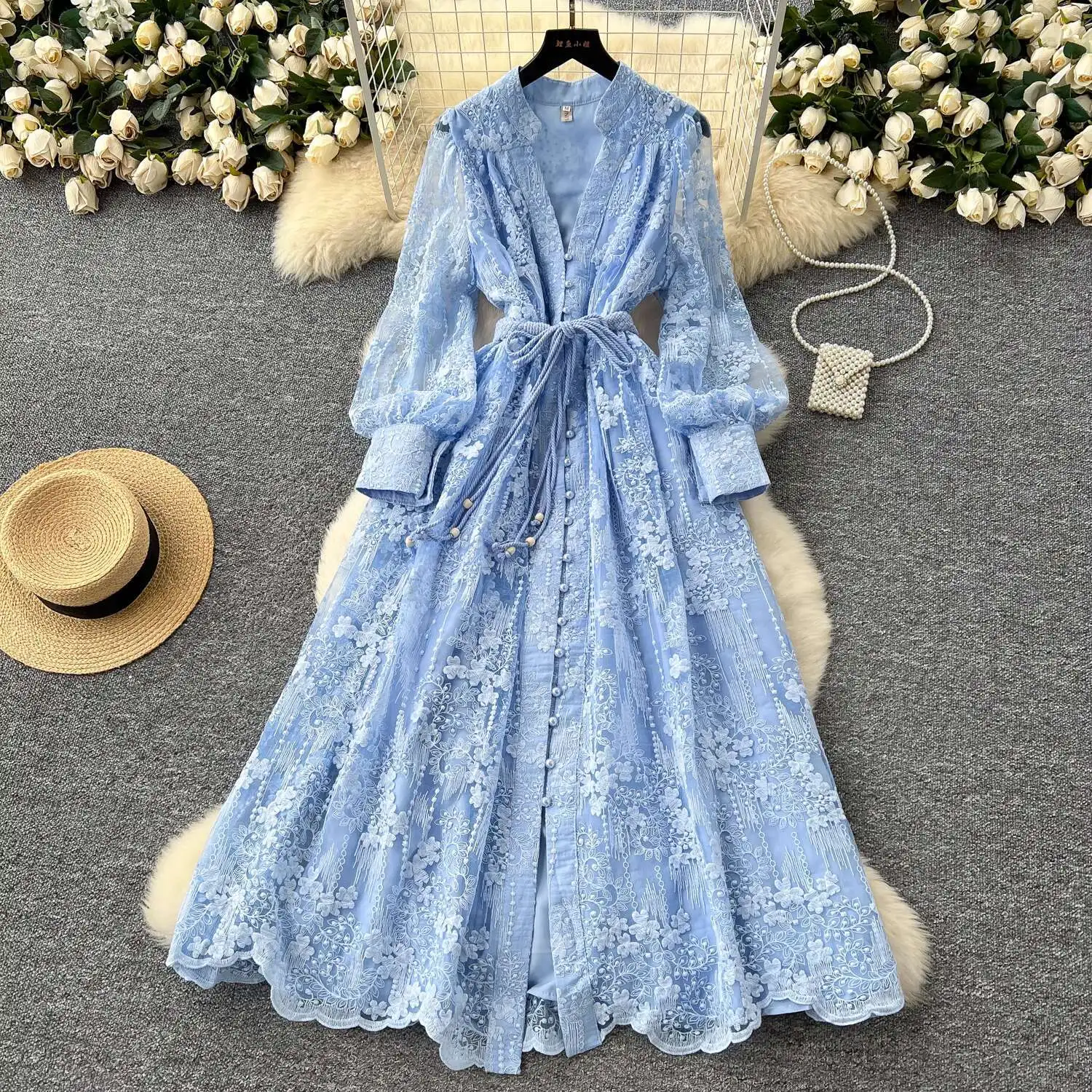 Robes formelles brodées de luxe pour femmes, lanterne d'été et d'automne, manches longues, dentelle, perles, bal de promo, robe de soirée d'anniversaire