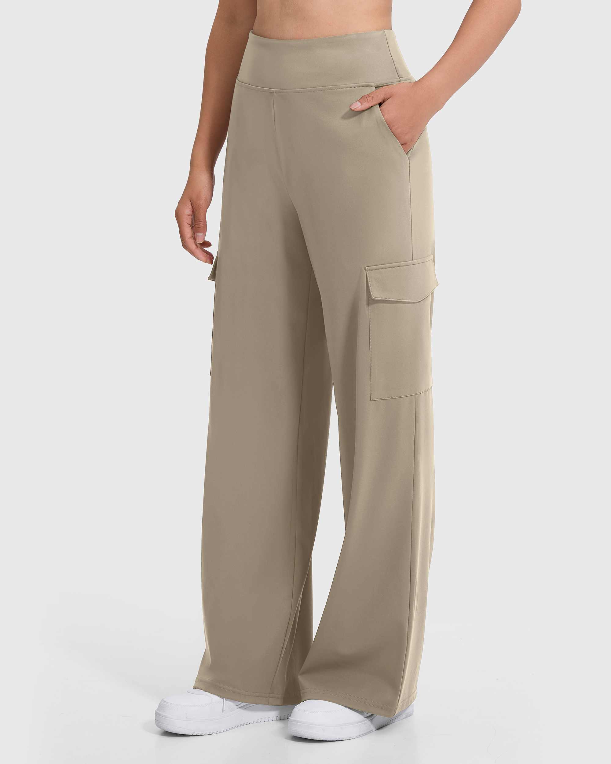 Pantalon cargo décontracté kaki pour femme, coupe droite ample, polyvalent, jambe large avec poches, style streetwear d'été